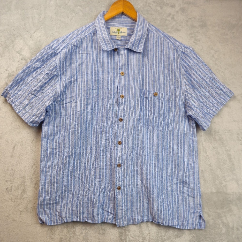 Island Shores Mens XL Blue White Hickory Striped Linen Blend Loop Collar Coastal